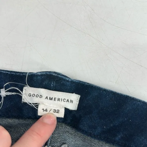 Good American Dark Wash Skinny Ankle Denim Jeans in Navy Blue Stretch Size 14 32