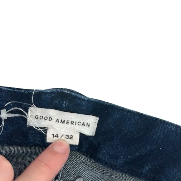 Good American Dark Wash Skinny Ankle Denim Jeans in Navy Blue Stretch Size 14 32