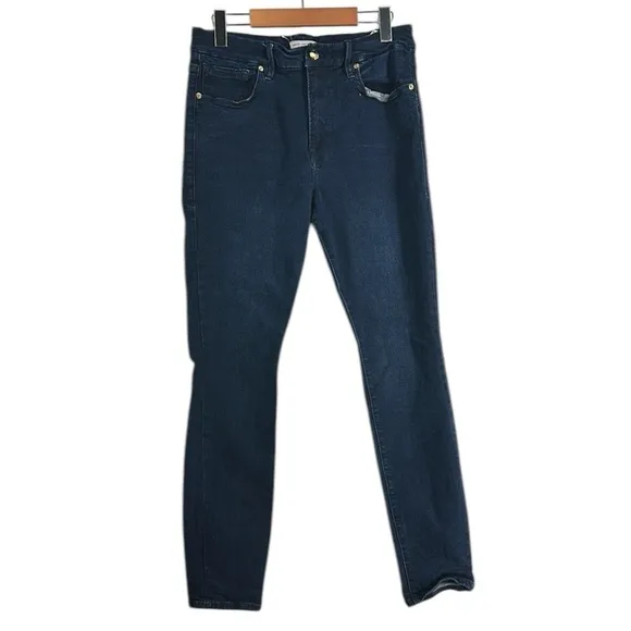 Good American Dark Wash Skinny Ankle Denim Jeans in Navy Blue Stretch Size 14 32
