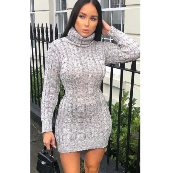 Grey Knit Turtle Neck Bodycon Mini Dress