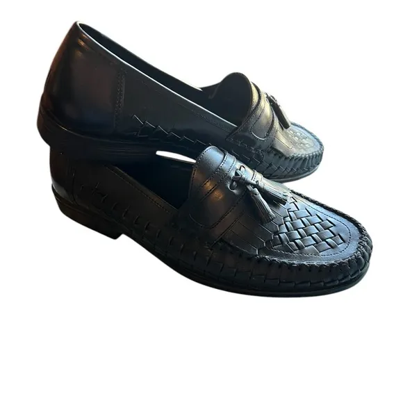 GUC~ Nunn Bush Mens Leather LoaferShoes Sz 9.0 M Black TasselWoven Pinch Toe