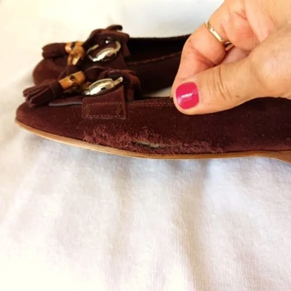 Gucci Horsebit Loafers Sz 6.5 Suede Leatjher Bamboo Tassel Glam Italy w Flaw