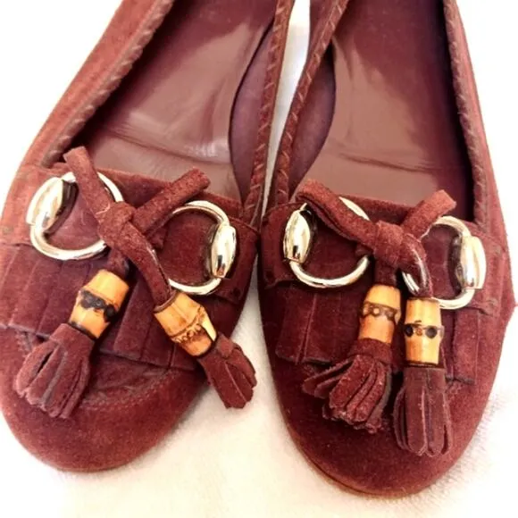 Gucci Horsebit Loafers Sz 6.5 Suede Leatjher Bamboo Tassel Glam Italy w Flaw
