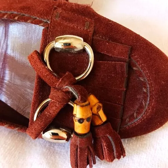 Gucci Horsebit Loafers Sz 6.5 Suede Leatjher Bamboo Tassel Glam Italy w Flaw