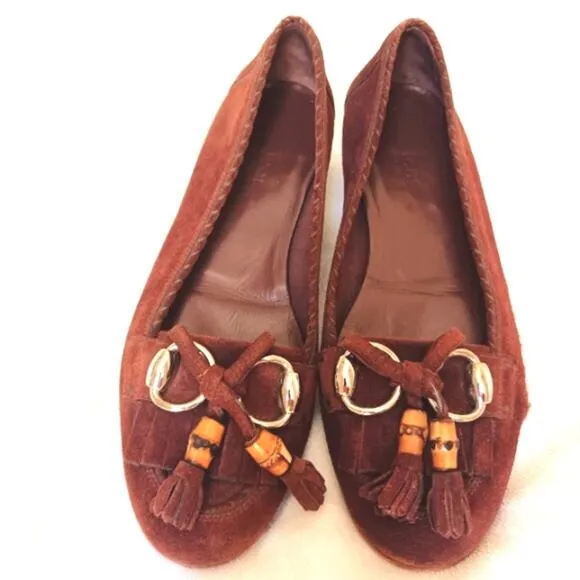 Gucci Horsebit Loafers Sz 6.5 Suede Leatjher Bamboo Tassel Glam Italy w Flaw