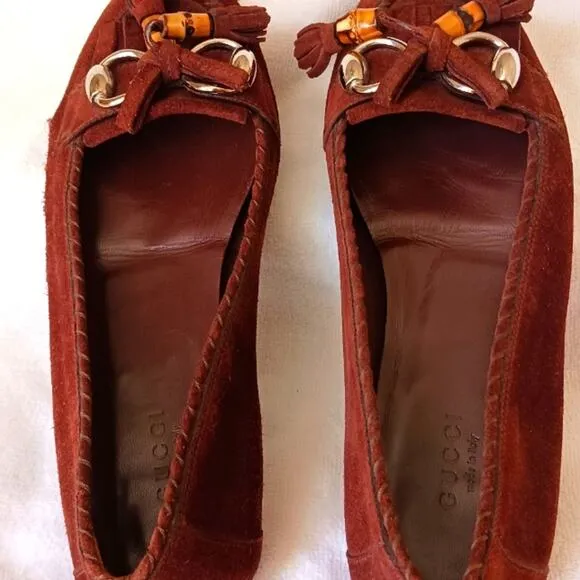 Gucci Horsebit Loafers Sz 6.5 Suede Leatjher Bamboo Tassel Glam Italy w Flaw