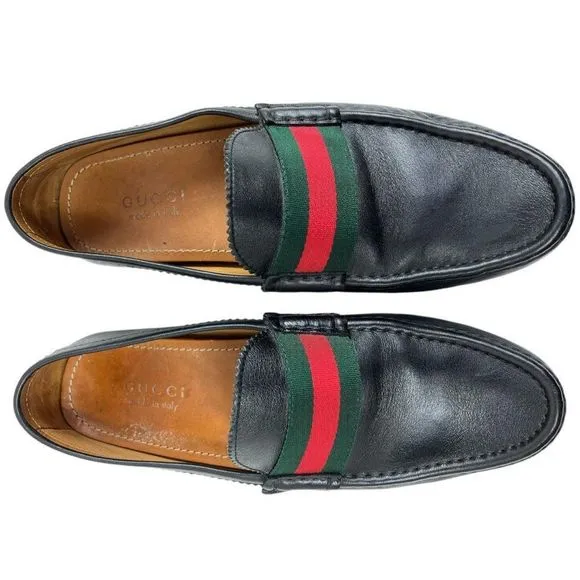 GUCCI Men's Black Drivers Leather Web Trim Slip On Loafers Size 10