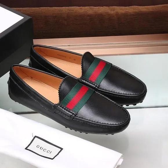 GUCCI Men's Black Drivers Leather Web Trim Slip On Loafers Size 10