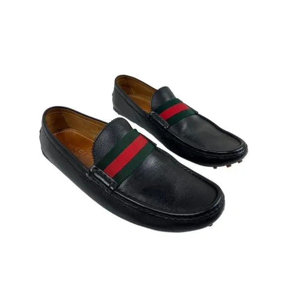 GUCCI Men's Black Drivers Leather Web Trim Slip On Loafers Size 10