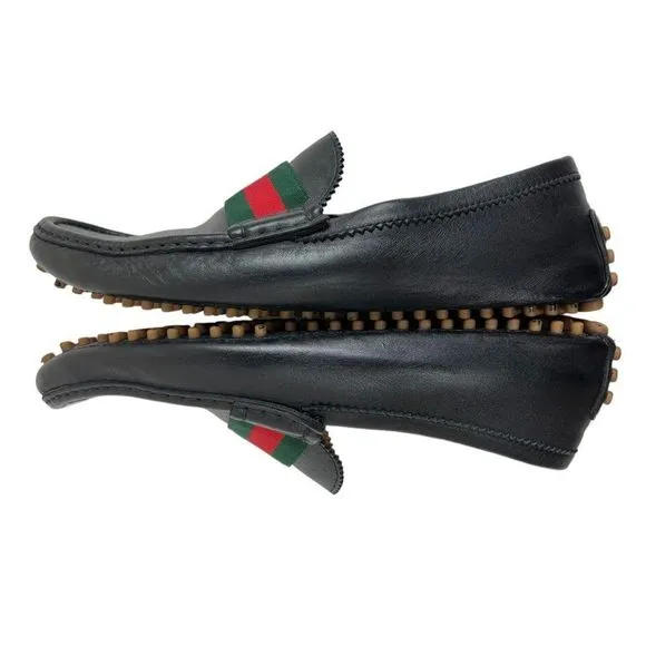 GUCCI Men's Black Drivers Leather Web Trim Slip On Loafers Size 10