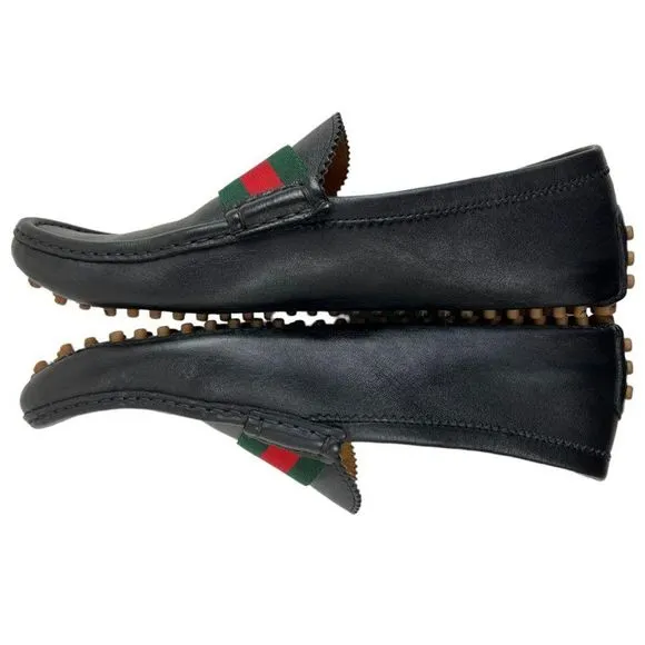 GUCCI Men's Black Drivers Leather Web Trim Slip On Loafers Size 10