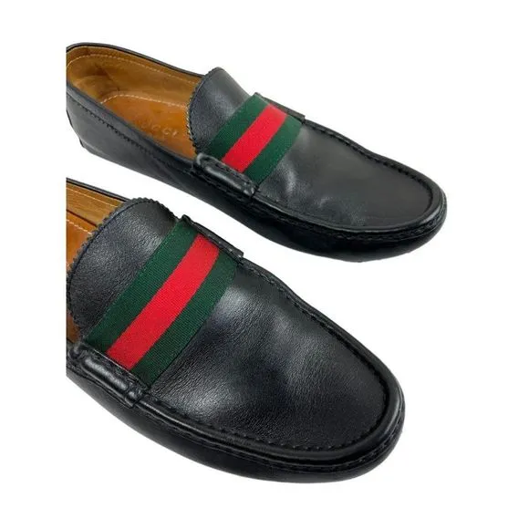 GUCCI Men's Black Drivers Leather Web Trim Slip On Loafers Size 10