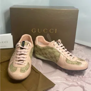 GUCCI monogram Nappa Moorea 182303 Canvas Leather Sand/Rose Trainers Sneakers