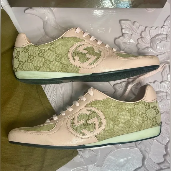 GUCCI monogram Nappa Moorea 182303 Canvas Leather Sand/Rose Trainers Sneakers