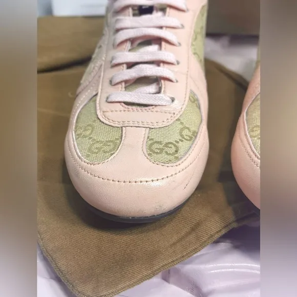 GUCCI monogram Nappa Moorea 182303 Canvas Leather Sand/Rose Trainers Sneakers