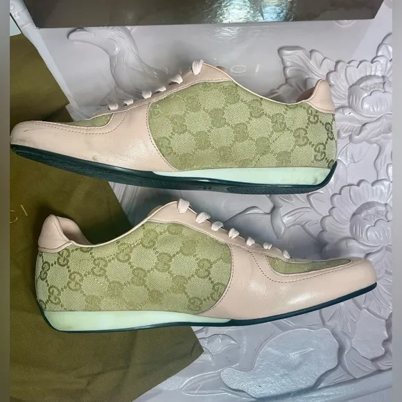 GUCCI monogram Nappa Moorea 182303 Canvas Leather Sand/Rose Trainers Sneakers