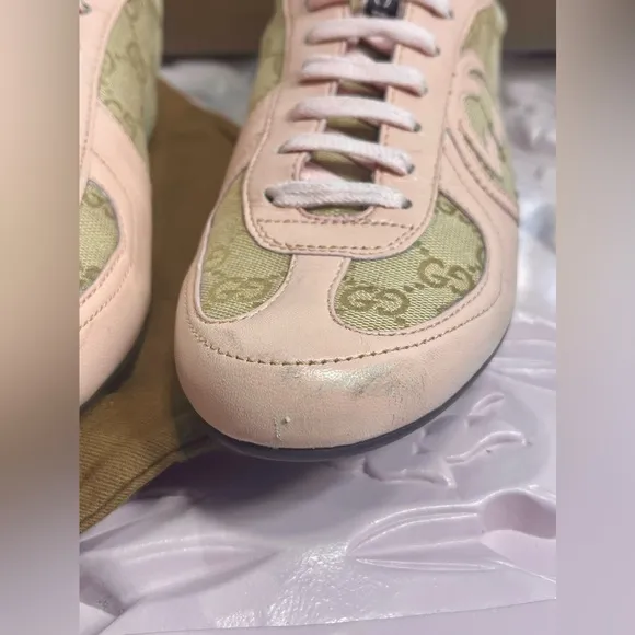 GUCCI monogram Nappa Moorea 182303 Canvas Leather Sand/Rose Trainers Sneakers