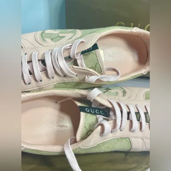 GUCCI monogram Nappa Moorea 182303 Canvas Leather Sand/Rose Trainers Sneakers