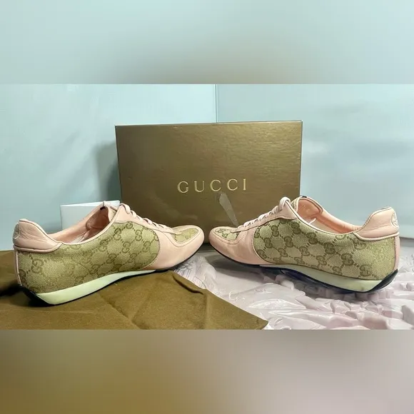 GUCCI monogram Nappa Moorea 182303 Canvas Leather Sand/Rose Trainers Sneakers