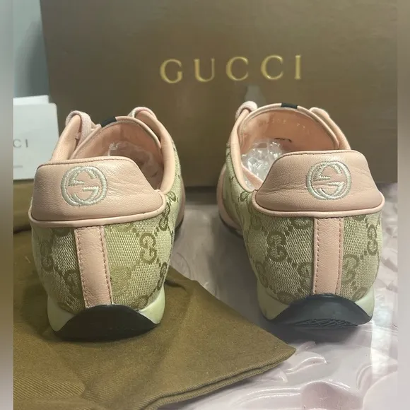 GUCCI monogram Nappa Moorea 182303 Canvas Leather Sand/Rose Trainers Sneakers