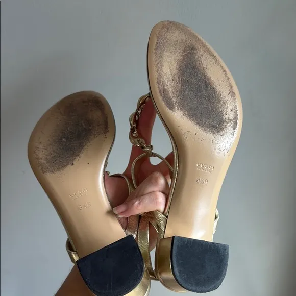 GUCCIGold Leather Chain ThongSandals Size 8.5