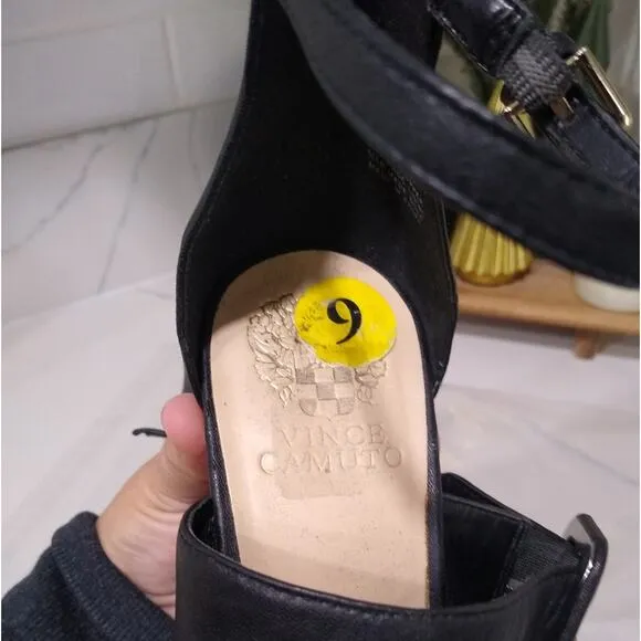🎉[H144] Vince Camuto Black Leather Strappy Buckle Block Heel Sandals, Size 9