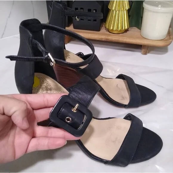 🎉[H144] Vince Camuto Black Leather Strappy Buckle Block Heel Sandals, Size 9