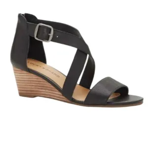 🎉[H298] Lucky Brand Black Leather &quot;Jenley&quot; Wedge Buckle Strappy Sandals, Size 7