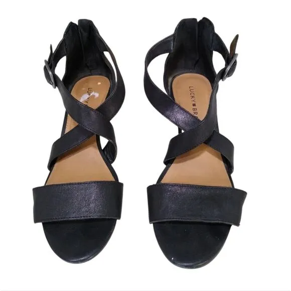 🎉[H298] Lucky Brand Black Leather &quot;Jenley&quot; Wedge Buckle Strappy Sandals, Size 7