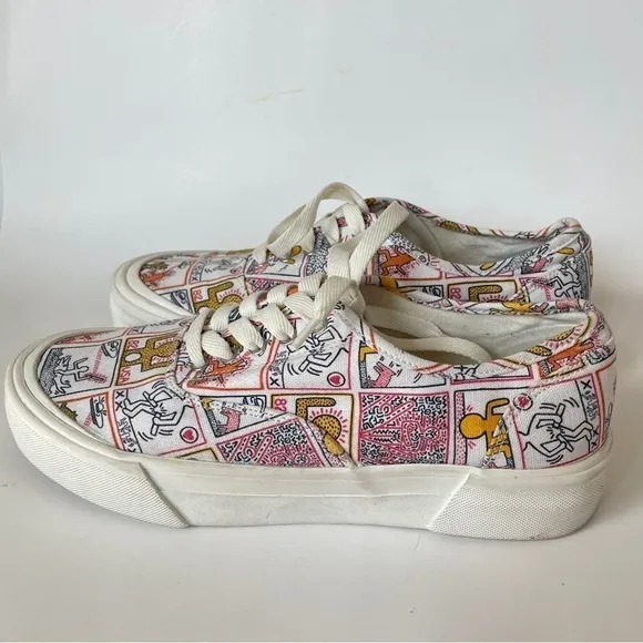 H&amp;M Men’s Keith Haring Limited Edition Pattern White Canvas Sneakers Graphic 8.5
