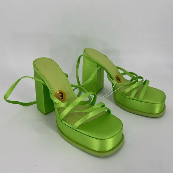 H&amp;M Ultra Platform Satin Strappy Buckle Ankle Strap Sandals In Bright Green