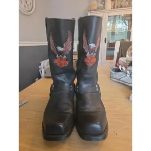 Harley Davidson Embroidered Eagle Logo Black Leather Riding Biker Boots 9.5D