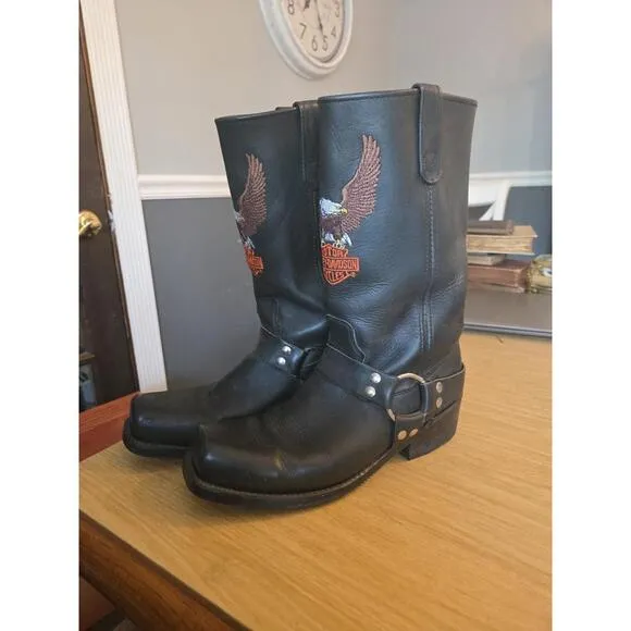 Harley Davidson Embroidered Eagle Logo Black Leather Riding Biker Boots 9.5D