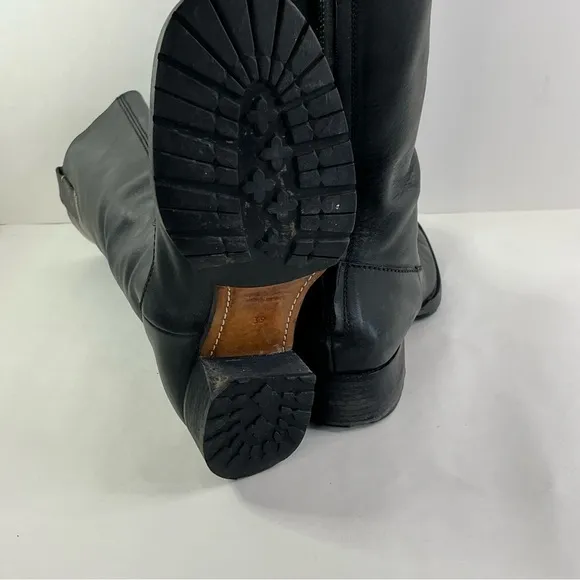 Harley Style Vintage Black Heeled Boots Round Toe Leather Pull-On Tabs Women's 9