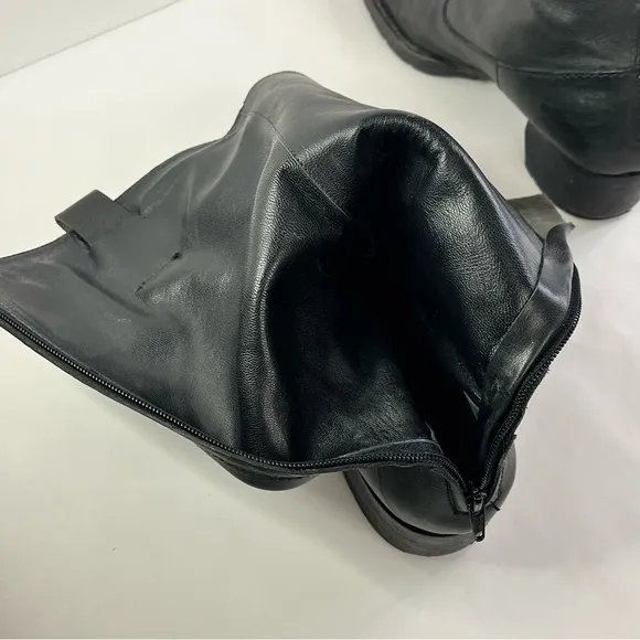 Harley Style Vintage Black Heeled Boots Round Toe Leather Pull-On Tabs Women's 9