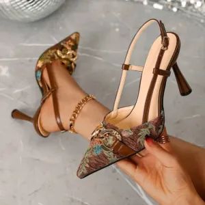 High Heel Pointy Toe Fashionable Jacquard Fabric Shoes With Decorative Buckle