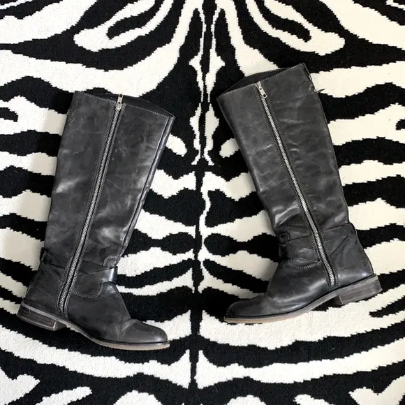 Hinge Devan Knee High Boots Slate Leather Zip Up Size 8