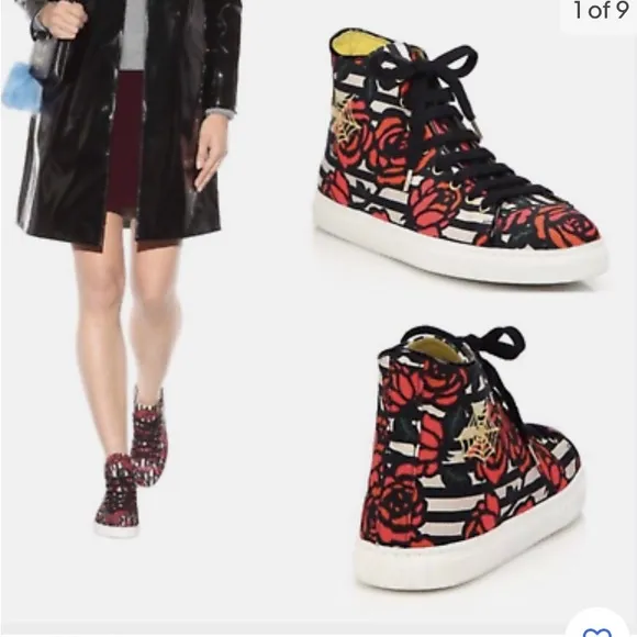 🎉Host Pick✨Charlotte Olympia Multicolor/Rose Print Canvas HighTop Sneakers SZ38