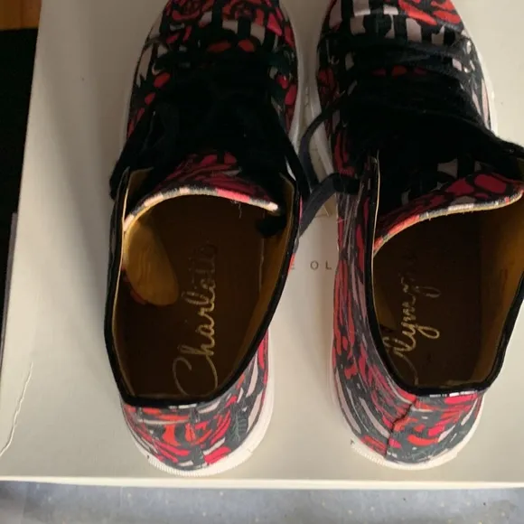 🎉Host Pick✨Charlotte Olympia Multicolor/Rose Print Canvas HighTop Sneakers SZ38