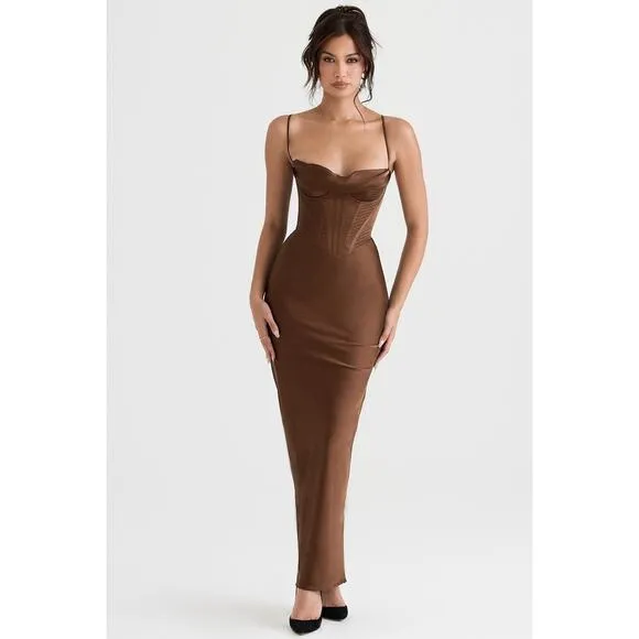 House of CB Charmaine Chocolate Corset Maxi Dress Size M Medium