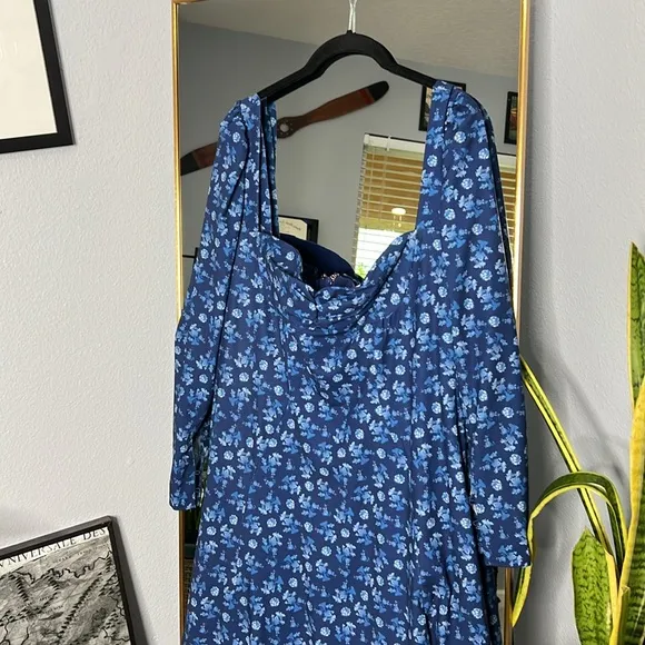 House of CB Gaia Sapphire Floral Puff Sleeve Midi Dress NWT
