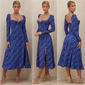 House of CB Gaia Sapphire Floral Puff Sleeve Midi Dress NWT