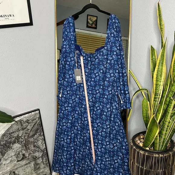 House of CB Gaia Sapphire Floral Puff Sleeve Midi Dress NWT