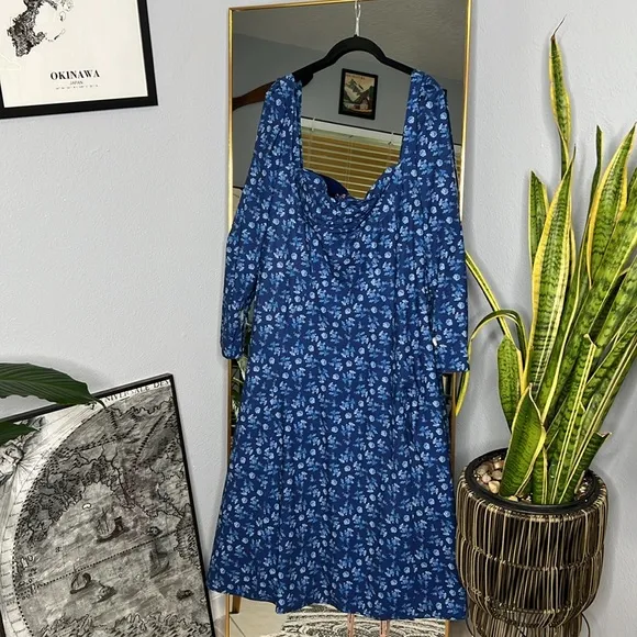 House of CB Gaia Sapphire Floral Puff Sleeve Midi Dress NWT