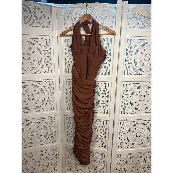 House of CB Valentina Mocha Asymmetric Cutout Midi Dress Size S Small