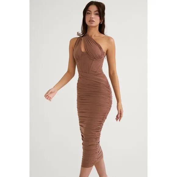 House of CB Valentina Mocha Asymmetric Cutout Midi Dress Size S Small