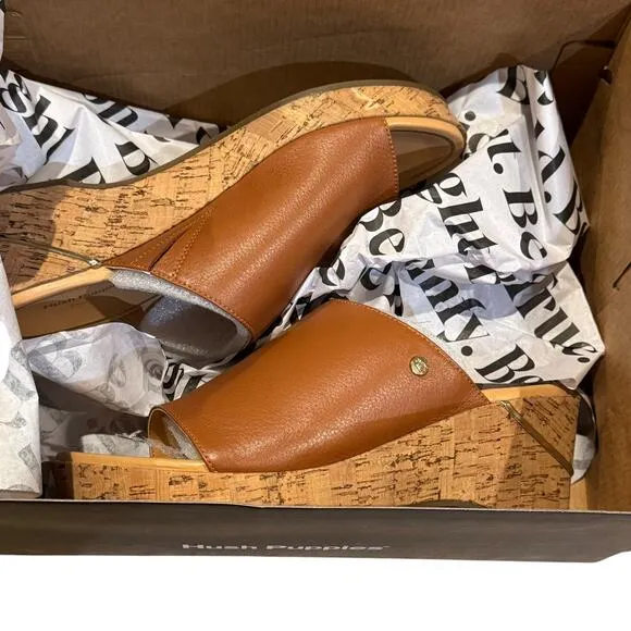 Hush Puppies Leather Wedge Slide Sandles Maya Mid Brown Size 9 NWB