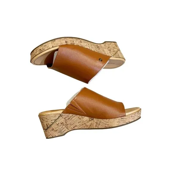 Hush Puppies Leather Wedge Slide Sandles Maya Mid Brown Size 9 NWB