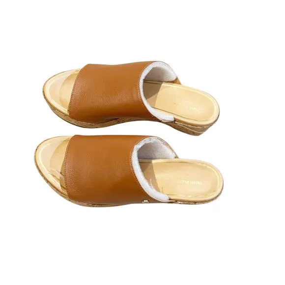 Hush Puppies Leather Wedge Slide Sandles Maya Mid Brown Size 9 NWB