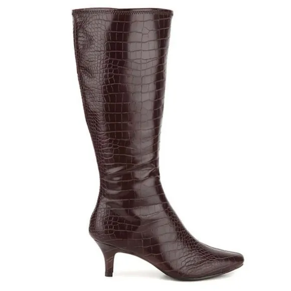 Impo Noland coffee Brown faux Crocodilian Textured Heel Boots knee stretch 9.5M